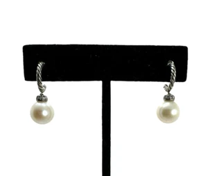 David Yurman Solari Sterling Silver 14K Open Hoop 9.5 Pearl and Diamond Earrings - Picture 1 of 9