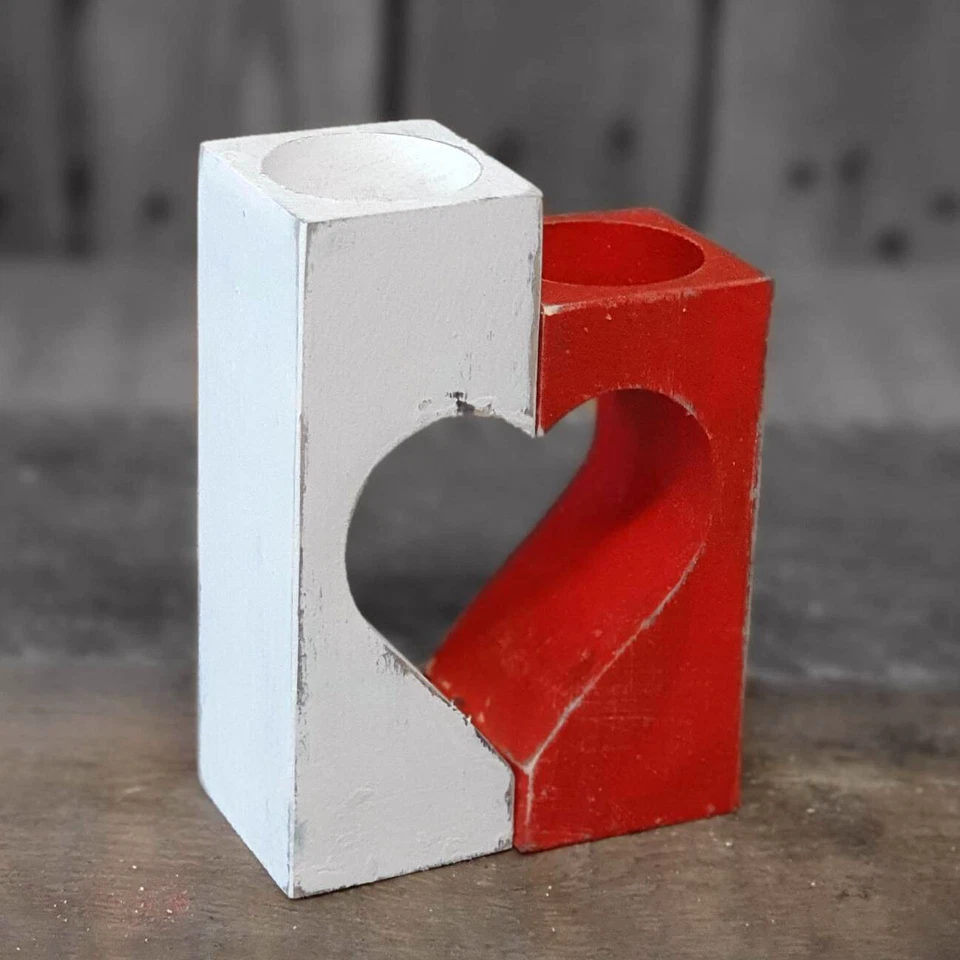 Vintage Holzkerzenhalter 2er Set Herz Teelichthalter Kerzenhalter Handarbeit - Bild 1 von 1