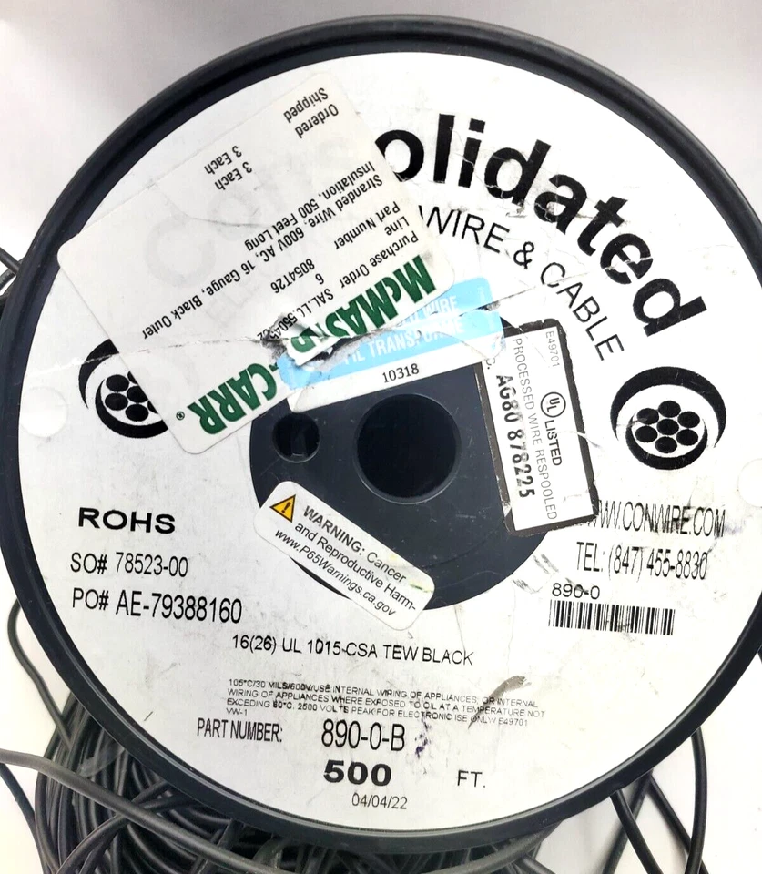 Consolidated Wire 890-0 Black 16AWG Stranded Hook-Up Wire 500Ft UL1015 600V - Image 1 of 3