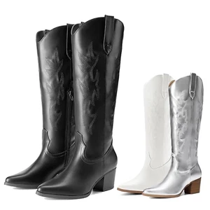 Women Cowboy Cowgirl Boots Low Block Heel Pointed Toe Zip Up Knee High Boots - Picture 1 of 21