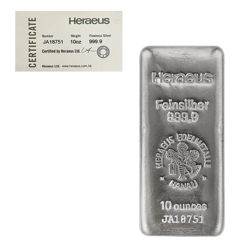 10 oz Heraeus Silver Bar .9999 Fine (w/COA) Cover