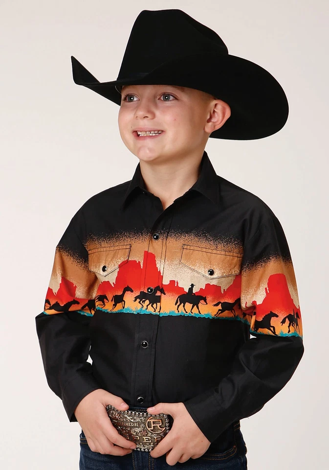 Roper Boys Kids Black 100% Cotton Red Mesa Scenic L/S Shirt XS - Image 1 of 4