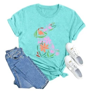 Happy Easter Shirts for Women Funny Rabbit Bunny Shirt Easter Short Sleeve - Picture 1 of 7