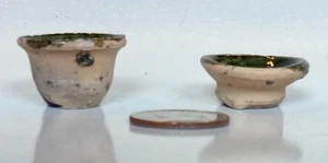 2 Vintage 1:12 Miniature Bowls Terra Cotta Clay Handmade Primitive Mexican Green - Picture 1 of 4