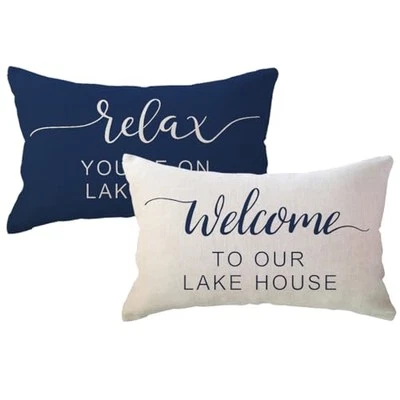 Welcome To Our Lake House Lumbar Cushion Covers Lake Cabin Decor with Blue - Image 1 of 4