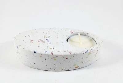 Tea Candle Holder Oval White Speckle 1" Tall 5" Wide Handmade Concrete - Image 1 of 2