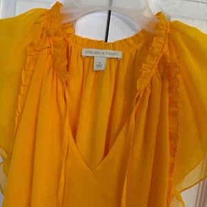 Chelsea & Violet Ruffle Blouse V-Neck Flutter Sleeve Top Sheer Yellow S Boho - Picture 1 of 7