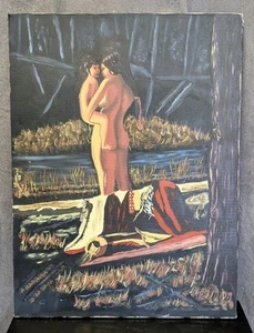 Vintage Oil Painting Native American Mother & Child Bathing In Forest Stream - Picture 1 of 8