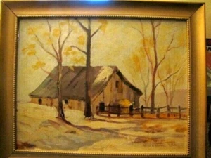 Gerahmtes Acryl auf Leinwand Gemälde einer Scheune im Winter, signiert Ward E. Kuentzel - Bild 1 von 4