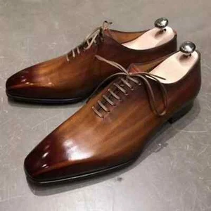 Handgefertigte braune Patina Leder Oxford Schuhe Schnürschuhe formelle elegante Schuhe für Männer - Bild 1 von 3