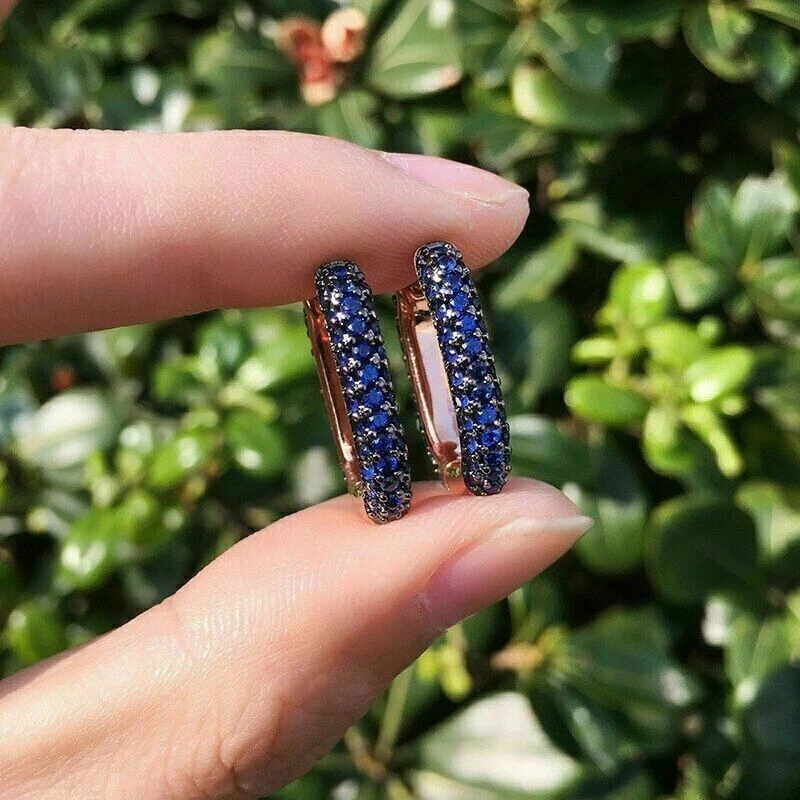 2Ct Lab Created Round Blue Sapphire Cluster Hoop Earrings 14K Rose Gold Finish - Image 1 of 1