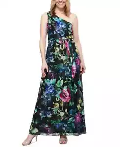 SL Fashions Women's Floral-Print One-Shoulder Gown Maxi Dress Black Multi 16 - Picture 1 of 10
