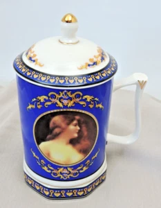 Best Selection Seong Woo Ceramic Tea Cup w/Lid SW-Super White Royal Blue Lady - Picture 1 of 15