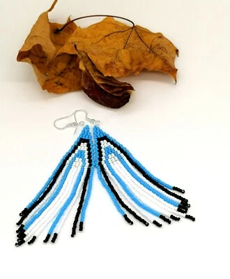 Handmade Beaded Earrings, tassel, native american inspired, silk threat gift box - Image 1 of 4