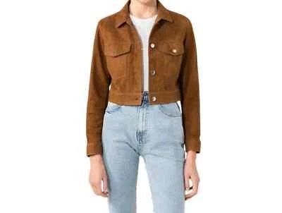Womens Cropped Tan/Brown Suede leather jacket Trucker Button Up Shirt Short Coat - Image 1 of 4