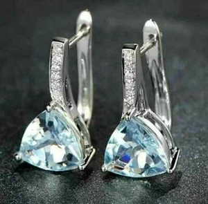 14k White Gold Plated 3Ct Trillion Lab Created Aquamarine Clip On Drop Earrings - Picture 1 of 3