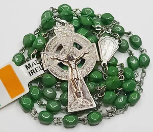Irish Catholic Rosary Green Glass Beads Erin Crucifix Lourdes Made in Ireland - Picture 1 of 10