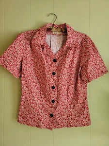 1940s Vtge Style Red  Ditzy Floral Cotton Puff Sleeve Blouse  Lg - Picture 1 of 8