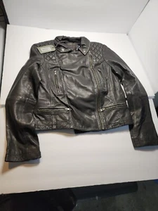 AllSaints Damen Cargoleder Bikerjacke schwarz/grau Größe US: 8 UK: 12 - Bild 1 von 12