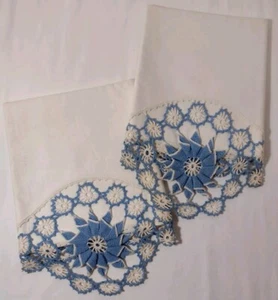Vintage Pair Blue Floral Crocheted Edge Pillow Cases Hand Made 32” x 21” - Picture 1 of 7