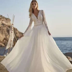 Long Sleeves Wedding Dresses Sexy V-Neck Backless A-Line Bridal Gowns - Picture 1 of 7