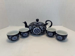 Pier 1 Mandarin Cobalt Blue & White Porcelain Tea Set-w/Lid-4 Cups-1 Tea Pot - Picture 1 of 19