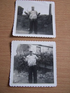 Fisherman Man holding a String of Fish in Garden 2 Vintage Photo's - Picture 1 of 2