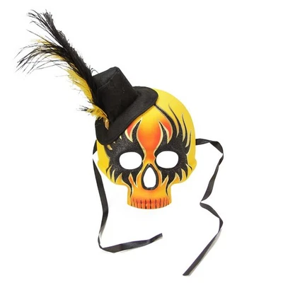 Gallerie II 14" Orange Yellow Glam Rock Skull Faux Feathered Masquerade Mask - Image 1 of 2