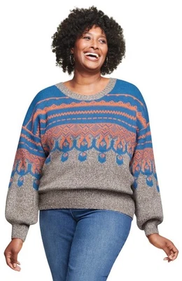 Suéter Monroe & Main Vickie Azteca Fair Isle Pullover Teal Naranja Gris Talla XL Foto 1 de 4