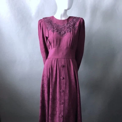 Vestido vintage años 80 Karin Stevens Cottagecore Pradera Granate Jacquard Cottage talla 8 Foto 1 de 4