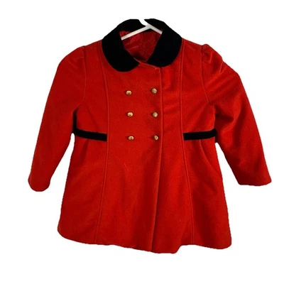 VTG Girls Red Peacoat Coat 3T / 4T Black Velvet Bow Christmas Union Made USA - Image 1 of 4