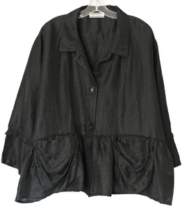 TRANSPARENTE Black LINEN RAMI SILK Ruffle LAGENLOOK JACKET Made in Germany O/S - Picture 1 of 7