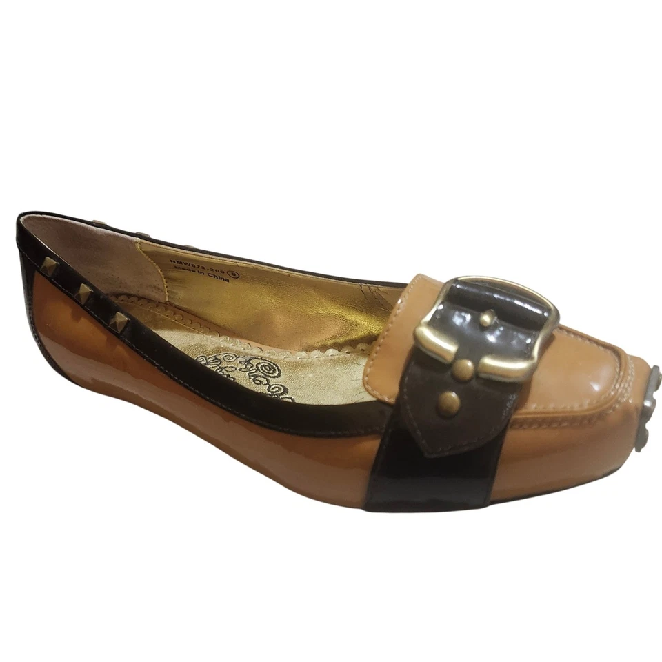 Womens Brown Patent Leather Square Toe Buckle Studded Loafer Flats Size 9 - Image 1 of 4