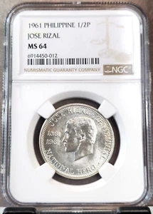 1961 PHILIPPINES SILVER 1/2 PESO JOSE RIZAL NGC MS 64 BEAUTIFUL BU - Picture 1 of 3