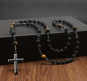 Colgante Cruz Piedra Volcánica Negra Estilo Rosario 27" Amarillo Ojo de Tigre Piedra Biliar - Imagen 1 de 14