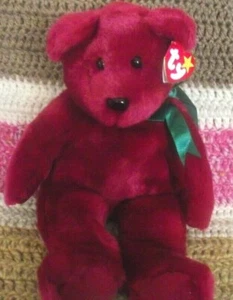 BEANIE BUDDY 'TEDDY' CRANBERRY WITH GREEN BOW - NWT - TAG PROTECTED - Picture 1 of 9