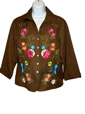 Silkland Mujer Grande Top Blusa Chaqueta Bordado Botón SEDA Floral Lentejuelas Boho Foto 1 de 4