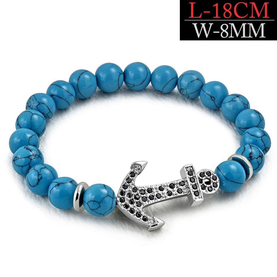 Armband Türkisstein Blau Bali Style Anker Silber Zirkonia Meditation Bracelett - Bild 1 von 1