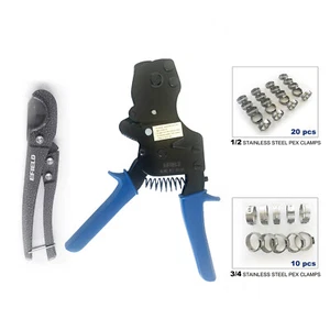 EFIELD PEX Ratchet Cinch Clamp Crimper With Pipe Cutter and 30 PCS SS Clamps - Picture 1 of 8