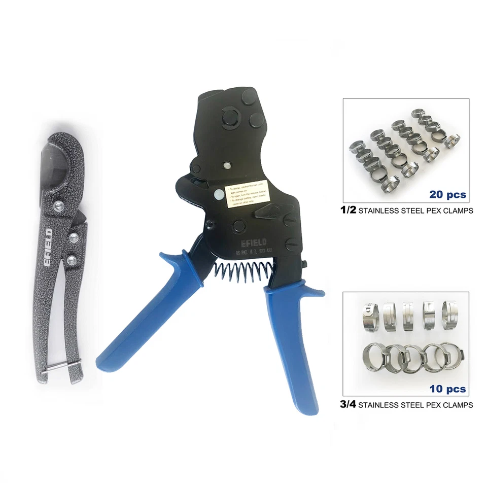 EFIELD PEX Ratchet Cinch Clamp Crimper With Pipe Cutter and 30 PCS SS Clamps