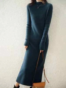 LONGMING Mujeres Vestido Tejido 100% Lana Suéter Vestido Otoño Invierno Tejido Ajustado - Imagen 1 de 29