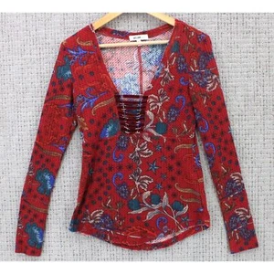 William Rast Blouse Top Womens Medium M Red Long Sleeve V Neck Floral Pattern - Picture 1 of 8