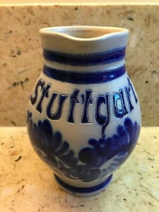 HANDMADE STUTTGARD GERMANY GERMAN POTERY SALT GLAZE PITCHER COBALT BLUE AND GRAY - Picture 1 of 5