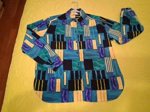Blusa Vintage Años 80 Todas las Horas Azul/Verde/Amarillo Manga Larga Botón Delantero Talla L - Imagen 1 de 9