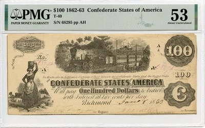 Moneda confederada 1862-63 $100 PMG AU53 T-40, falta punta de esquina Foto 1 de 2