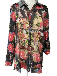 Aratta Silent Journey Shirt Womens Medium Sheer Floral Embroidered Velvet Collar - Picture 1 of 18