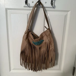Borsa a tracolla donna LUCKY BRAND in pelle con frange e pepite turchesi borsetta marrone - Foto 1 di 14