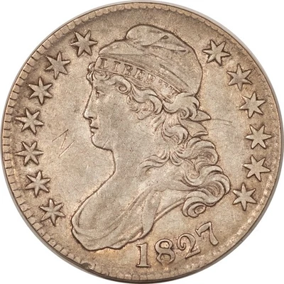 1827 CAPPED BUST HALF DOLLAR, SQ BASE 2 O-120a, HIGH GRADE, MARKS IN LEFT FIELD - Image 1 of 2