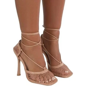 Public Desire Fishnet Heels Nude Heels Square Toe Ankle High Strap Sexy Size 7 - Picture 1 of 12