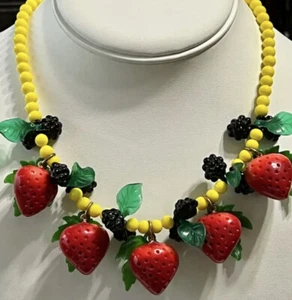 Vintage LES BERNARD Fruit Necklace RESIN STRAWBERRIES 16” SIGNED - Picture 1 of 1